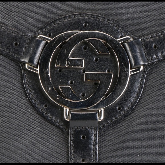Gucci GG Logo Black Canvas &Perforated Leather Bag - Picture 9 of 12